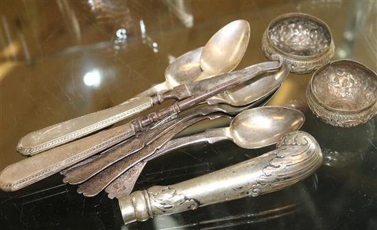 Silver spoons, parasol handle etc